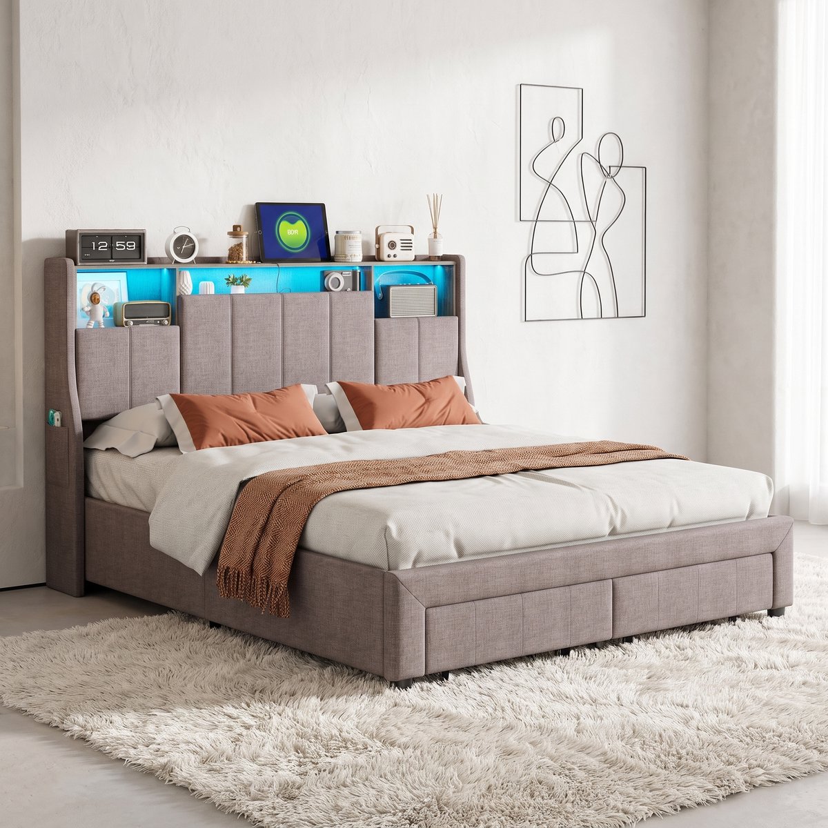 MEXUS Gestoffeerd Bed, Modern Tweepersoonsbedframe met Ledverlichting en USB-Poort met Opbergruimte, Bedframe met Lattenbodem, 2 Lades, Beddengoed (Grijs, 160x200cm)