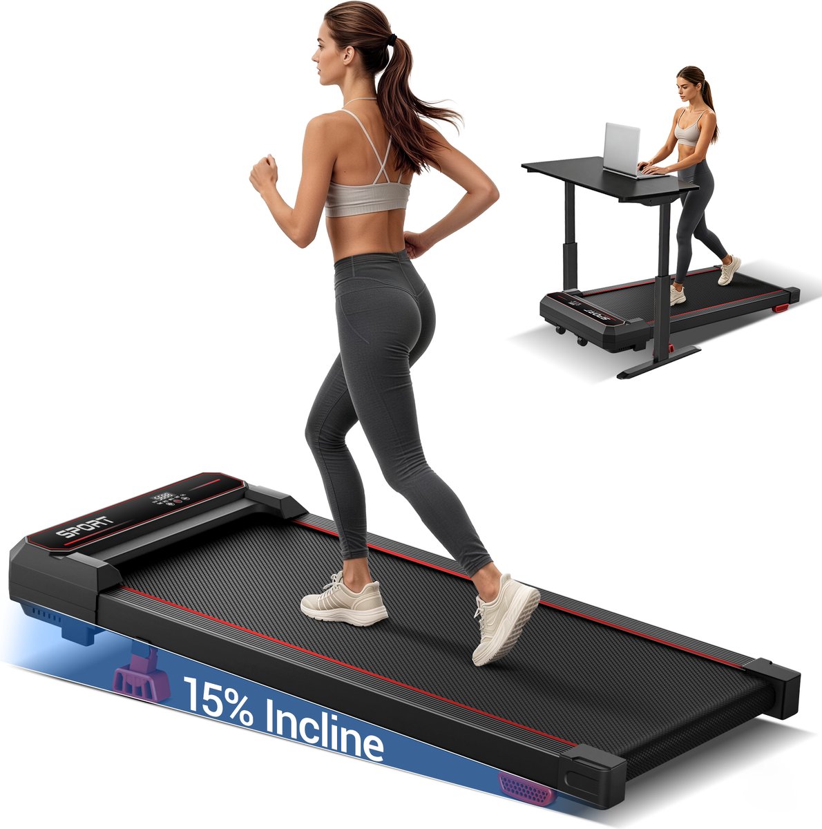 ROBORE U19 Stille Loopband voor onder het Bureau, Geluidsarme 45dB Borstelloze Motor Slank Ontwerp, Draagbaar Fitnessapparaat met Vibratiemassagefunctie voor Training thuis/op Kantoor