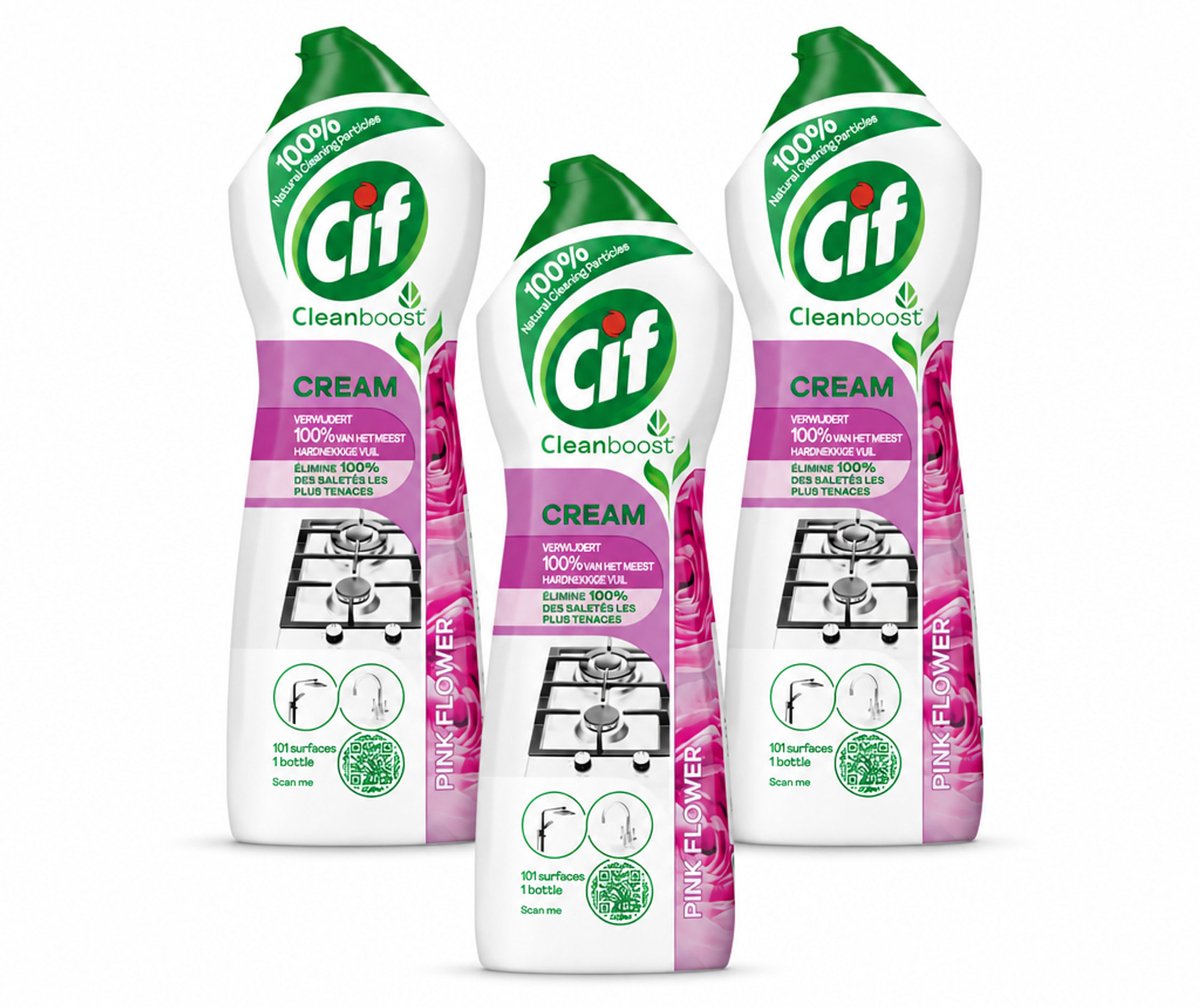 3 x Cif Cream Pink Flower - Schuurmiddel - Tegen Hardnekkig Vuil - Frisse Bloemengeur - 750 ml - Bulkverpakking - 3 stuks