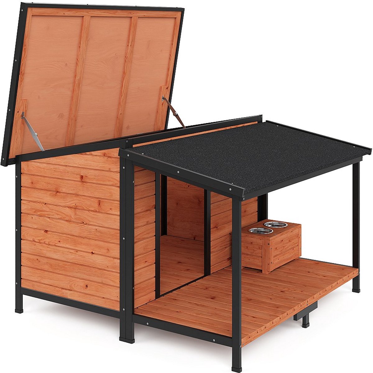 Vente-unique Hondenhok met terras en voerbakhouder - B136 x D138,1 x H95,2 cm - Maat L/XL - Naturel en zwart MORIKA
