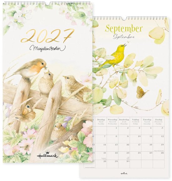 Kalender 2027 met Marjolein Bastin illustratie van vogels, vlinders en bloemen op een hek. September maand met gele vogel en vlinder.