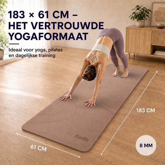 FunLife Yogamat 183 x 61 cm - 8 mm TPE Fitnessmat Antislip met Draagriem - voor Yoga, Pilates en Home Workout - Bruin — afbeelding 5