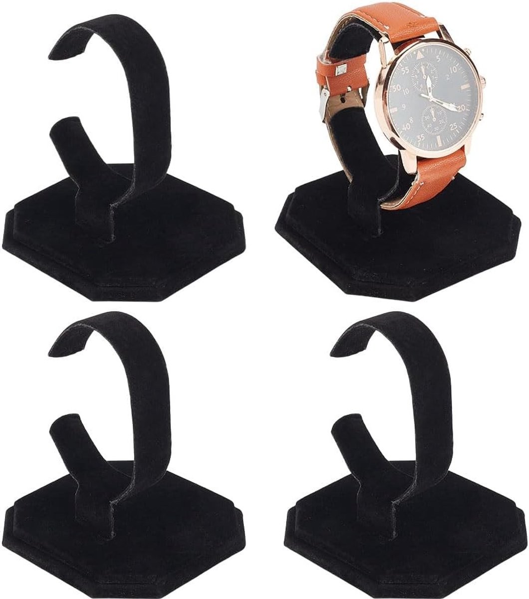 4 x C-vormige zwarte fluwelen displayhouders voor armbanden, unieke horloges en sieraden, maat 82 x 82 x 85 mm