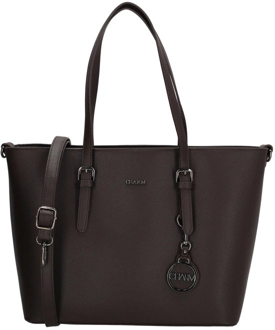 Sac cabas bordeaux de Charm London avec bandoulière réglable et breloque. Boucles métalliques sur les poignées. Logo sur le devant.