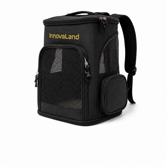 Zwarte rugzak met InnovaLand logo, mesh panelen en zijvakken.