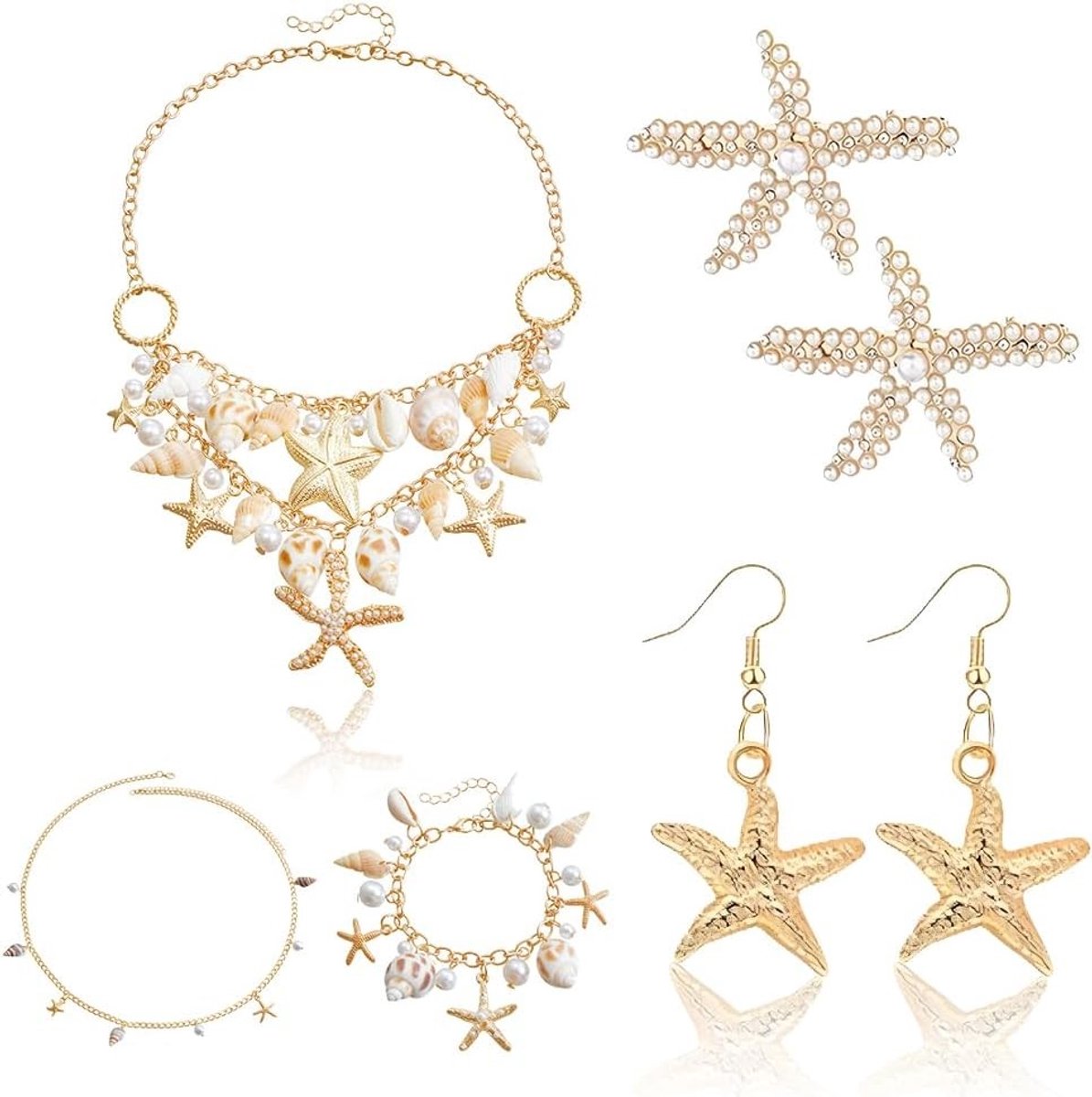 Mermaid Kostuum Sieraden Set met Schelp, Sterrenvis, Armband en Oorbellen voor Halloween en Carnaval
