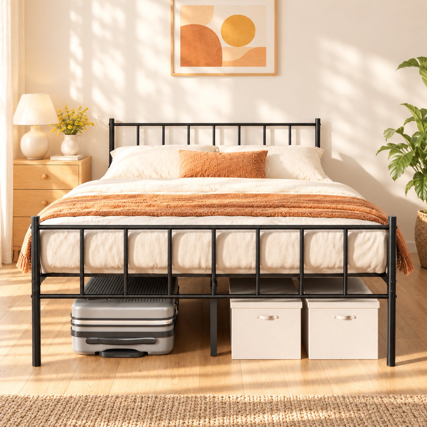 Auralum max KUTAS Metalen Bed 140x190 cm - Minimalistisch Tweepersoonsbed - Heavy Duty Bedframe - Stevig - Stil - Anti Slip - Grote Opbergruimte - Met Hoofdeinde en lattenbodem - Schroefloze Montage - Zwart Zwart metalen bedframe