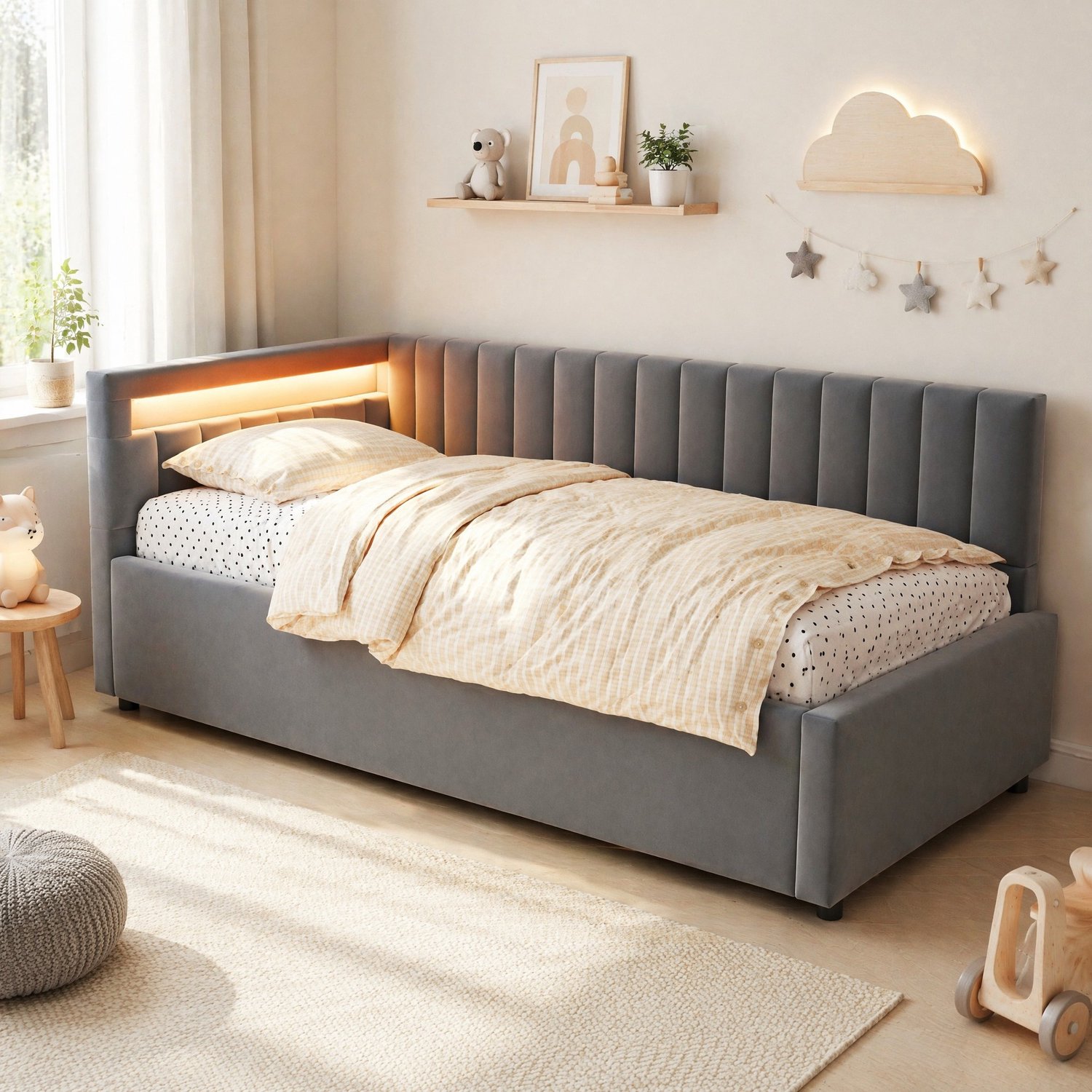 Maisentiel Gestoffeerd eenpersoonsbed 90 x 200 cm - grijs fluweel - LED en opbergruimte