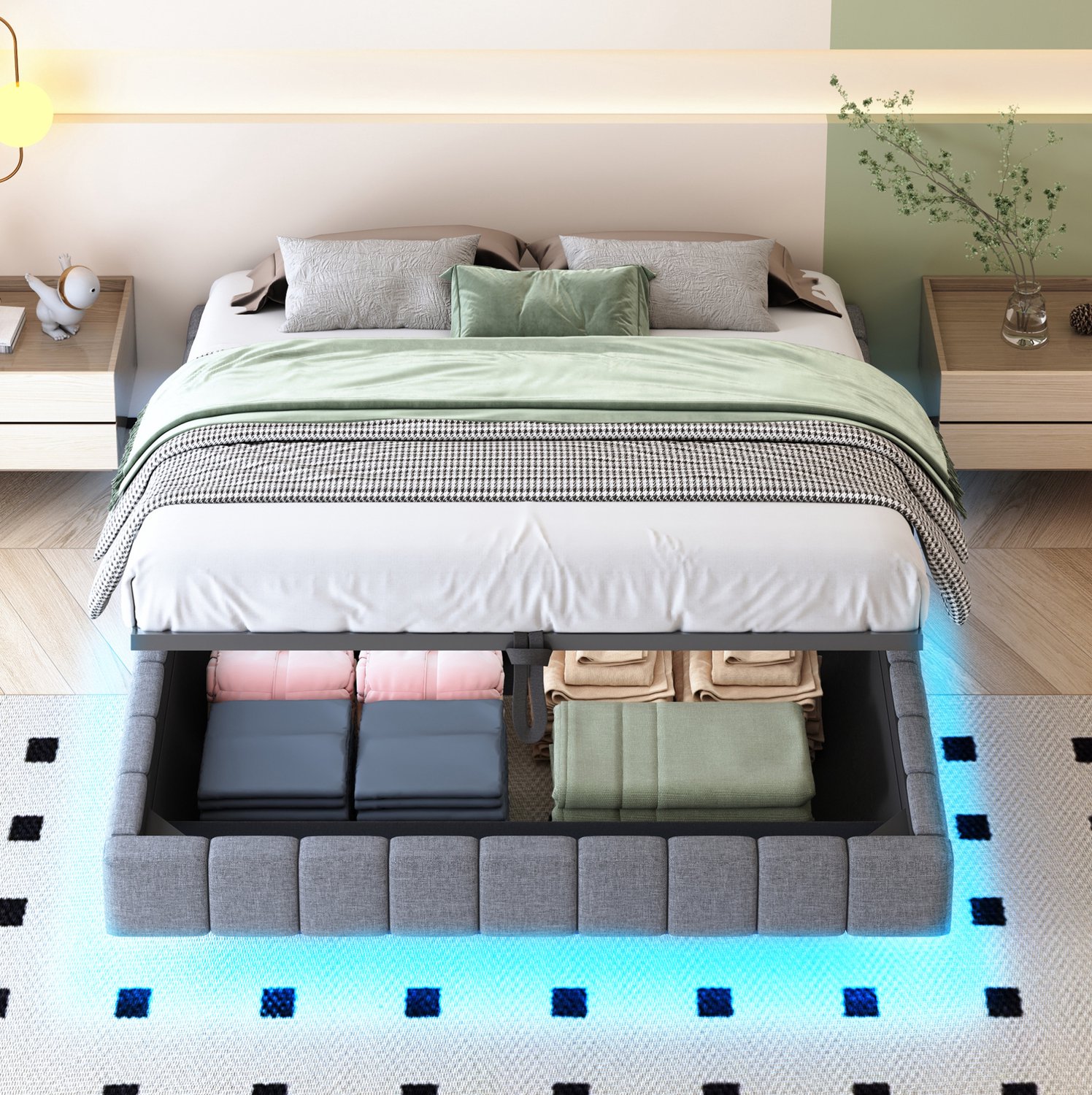 Maisentiel Gestoffeerd opbergbed 160 x 200 cm met ledverlichting, zonder hoofdbord - grijs