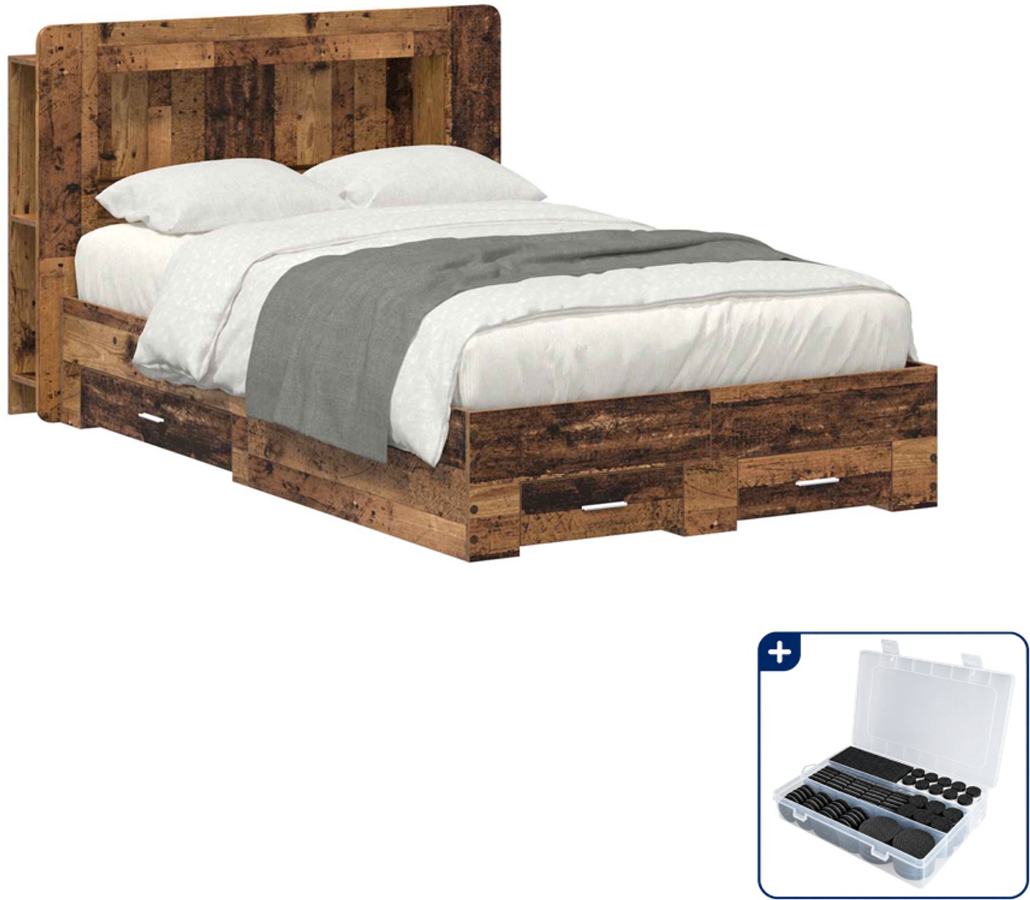 vidaXL bedframe met opslag - 120 x 190 cm - bewerkt hout - oud hout - Inclusief antikrasvilt 177-delig Bruin