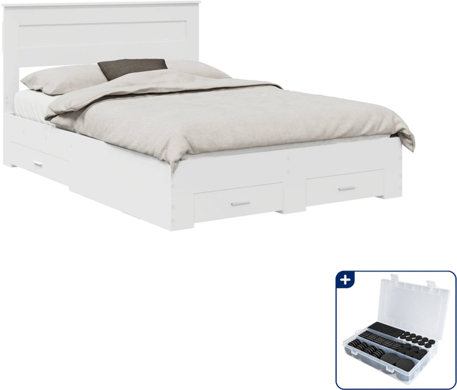 vidaXL bedframe met lade en hoofdeinde - 140 x 190 cm - bewerkt hout - wit - Inclusief antikrasvilt 177-delig Bruin