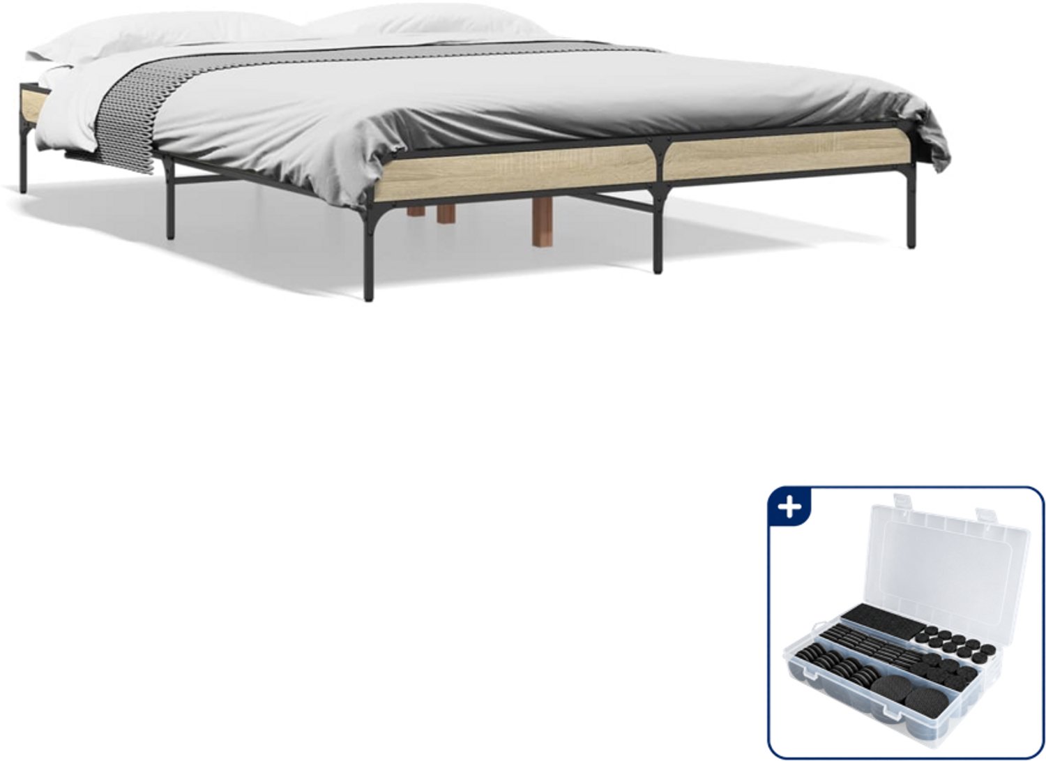 vidaXL Bedframe - Small double - 140 x 200 cm - sonoma eiken - Inclusief antikrasvilt 177-delig Bruin