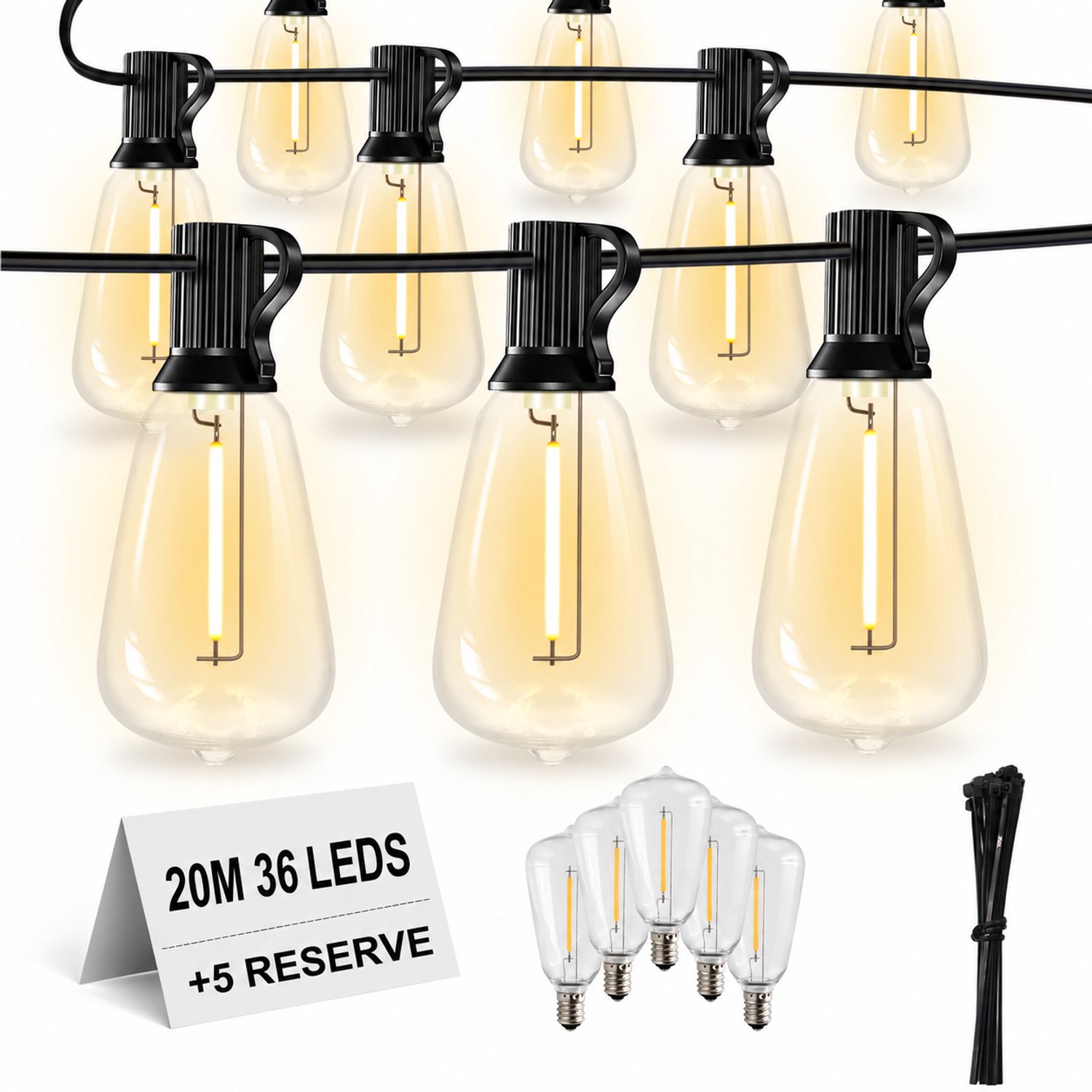 EverNeeds ST38 BASE Lichtsnoer Buiten – Prikkabel 20m – 36 LED – IP44 – Lichtslinger – Sfeerverlichting Buiten en Binnen – Warm Wit 2700K – 5 Extra LED’s