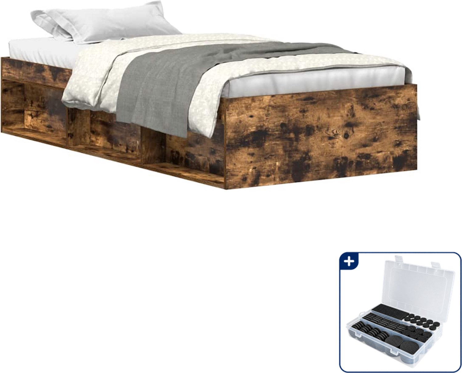 vidaXL Bedframe - 90 x 200 cm - bewerkt hout - gerookt eiken - Inclusief antikrasvilt 177-delig Grijs