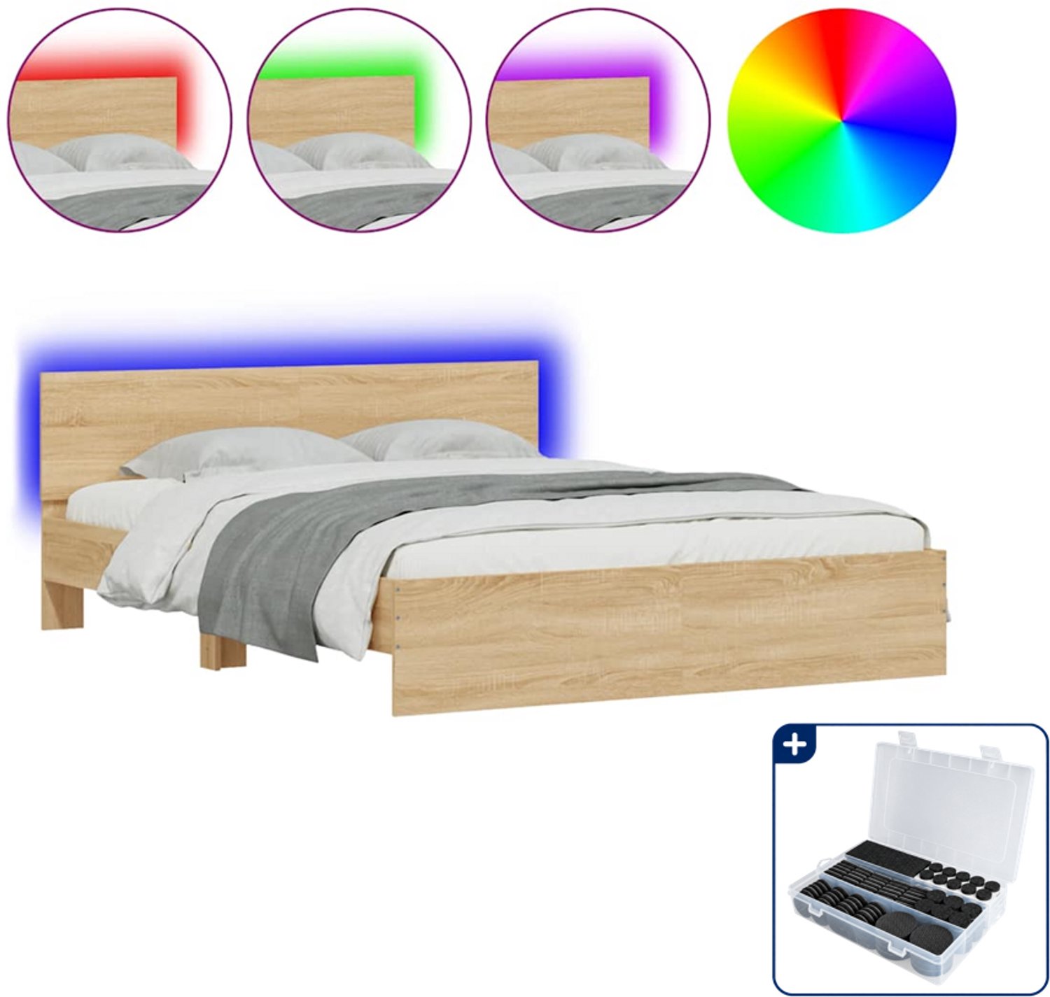 vidaXL bedframe met LED - 150 x 200 cm - sonoma eikenkleurig - Inclusief antikrasvilt 177-delig Wit