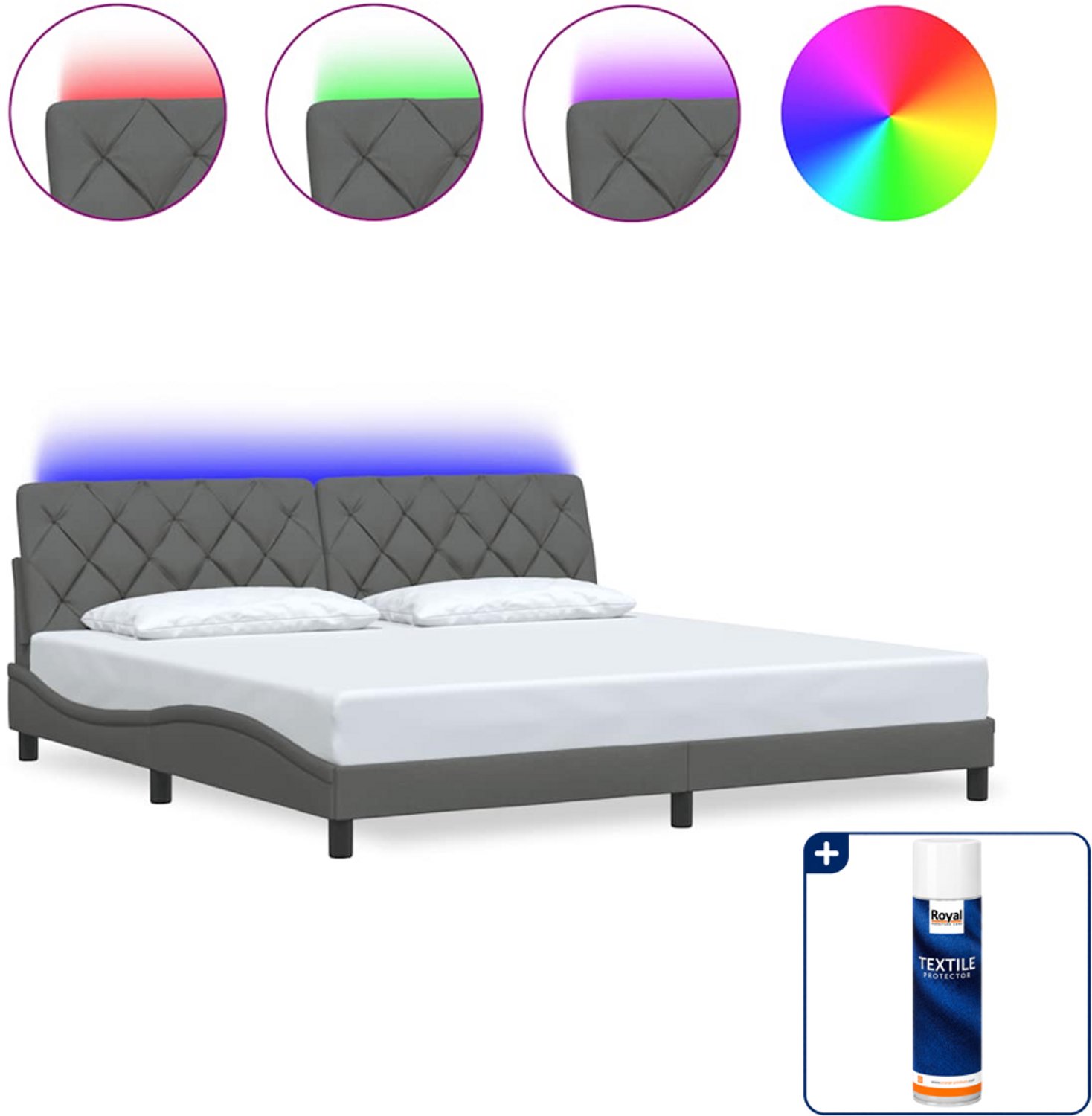vidaXL bedframe met led - 200 x 200 cm - donkergrijs - Inclusief textielbeschermer 500 ml Zwart