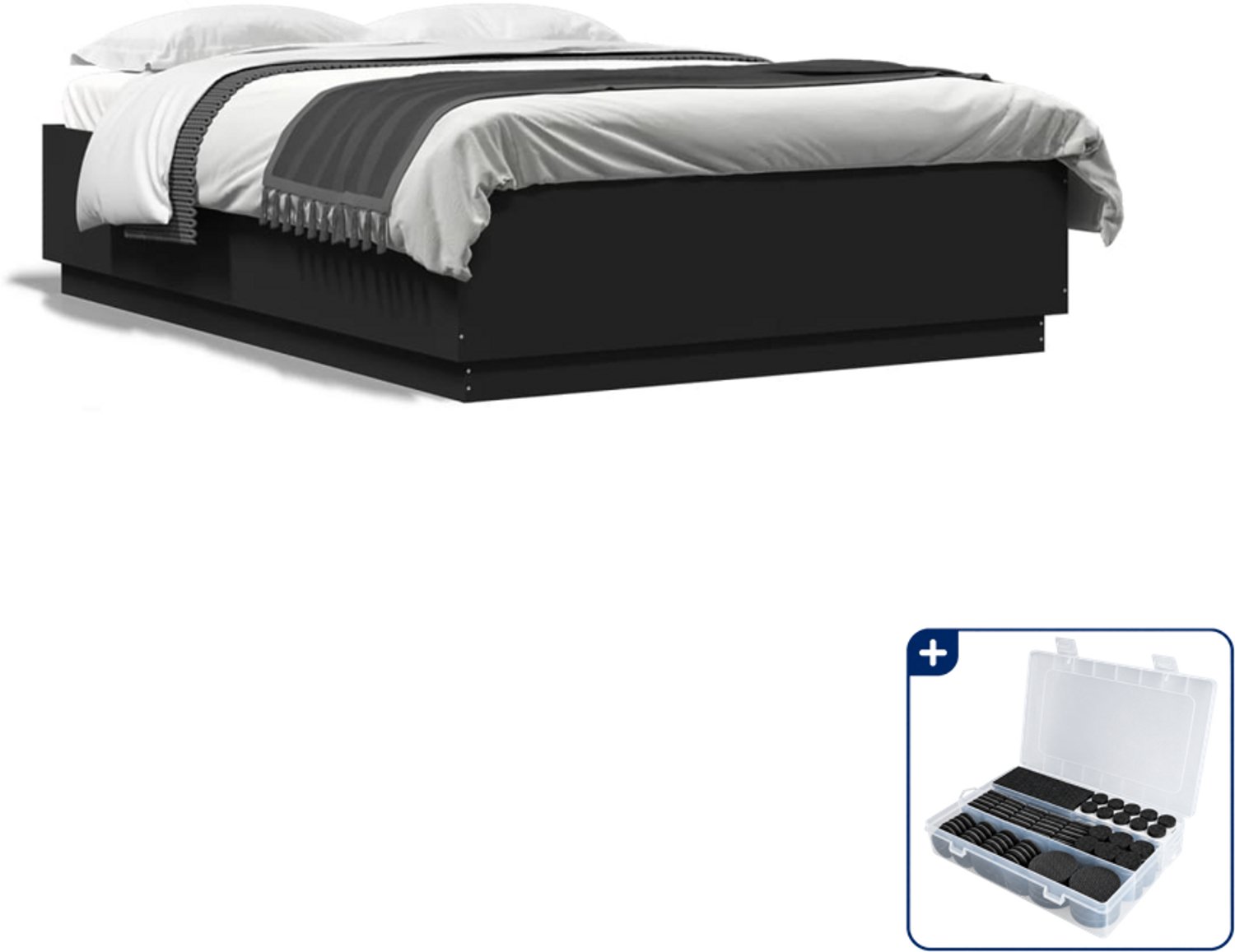 vidaXL bedframe - 150 x 200 cm - bewerkt hout - zwart - Inclusief antikrasvilt 177-delig Grijs