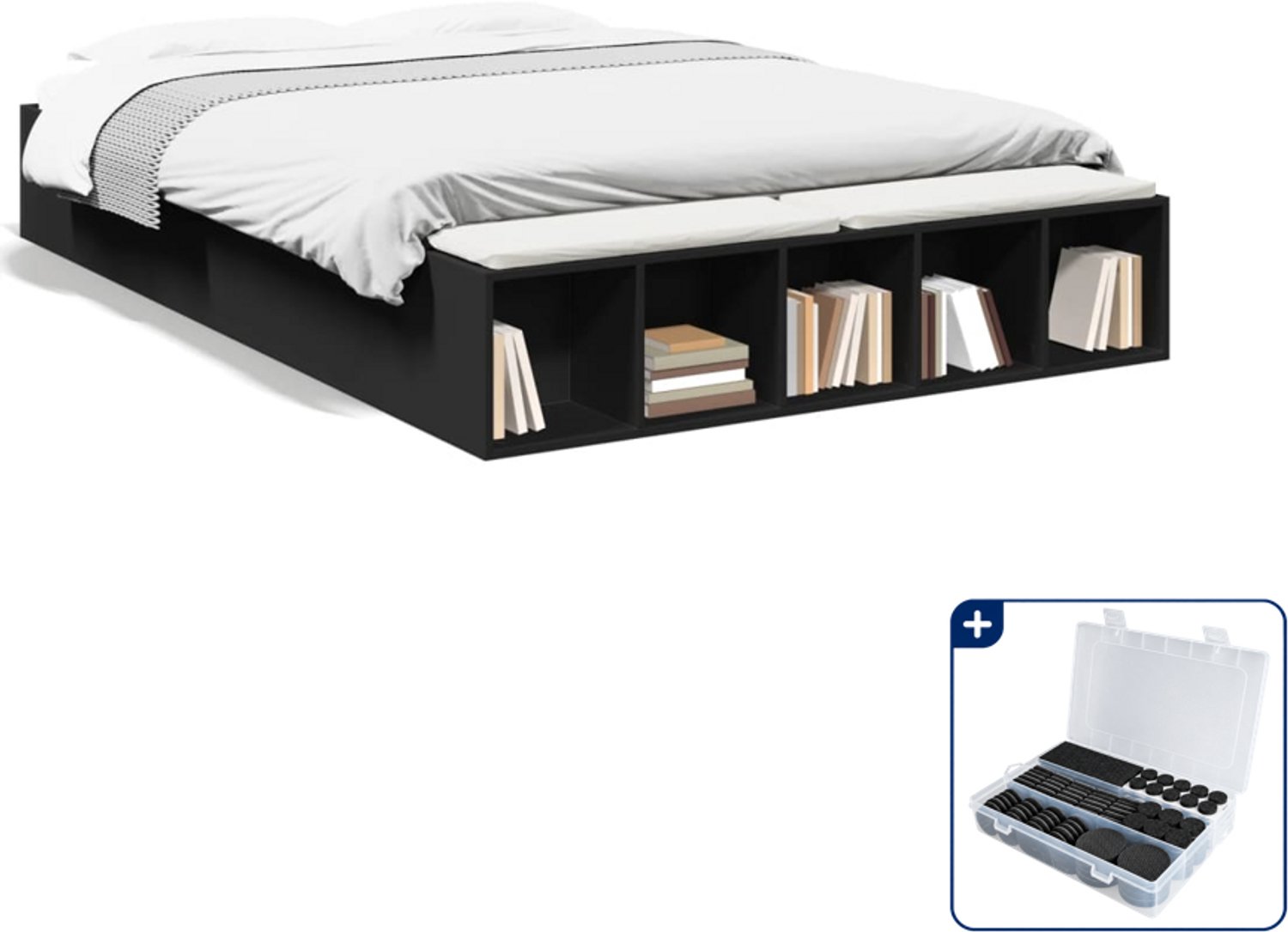 vidaXL bedframe - 150 x 200 cm - bewerkt hout - zwart - Inclusief antikrasvilt 177-delig