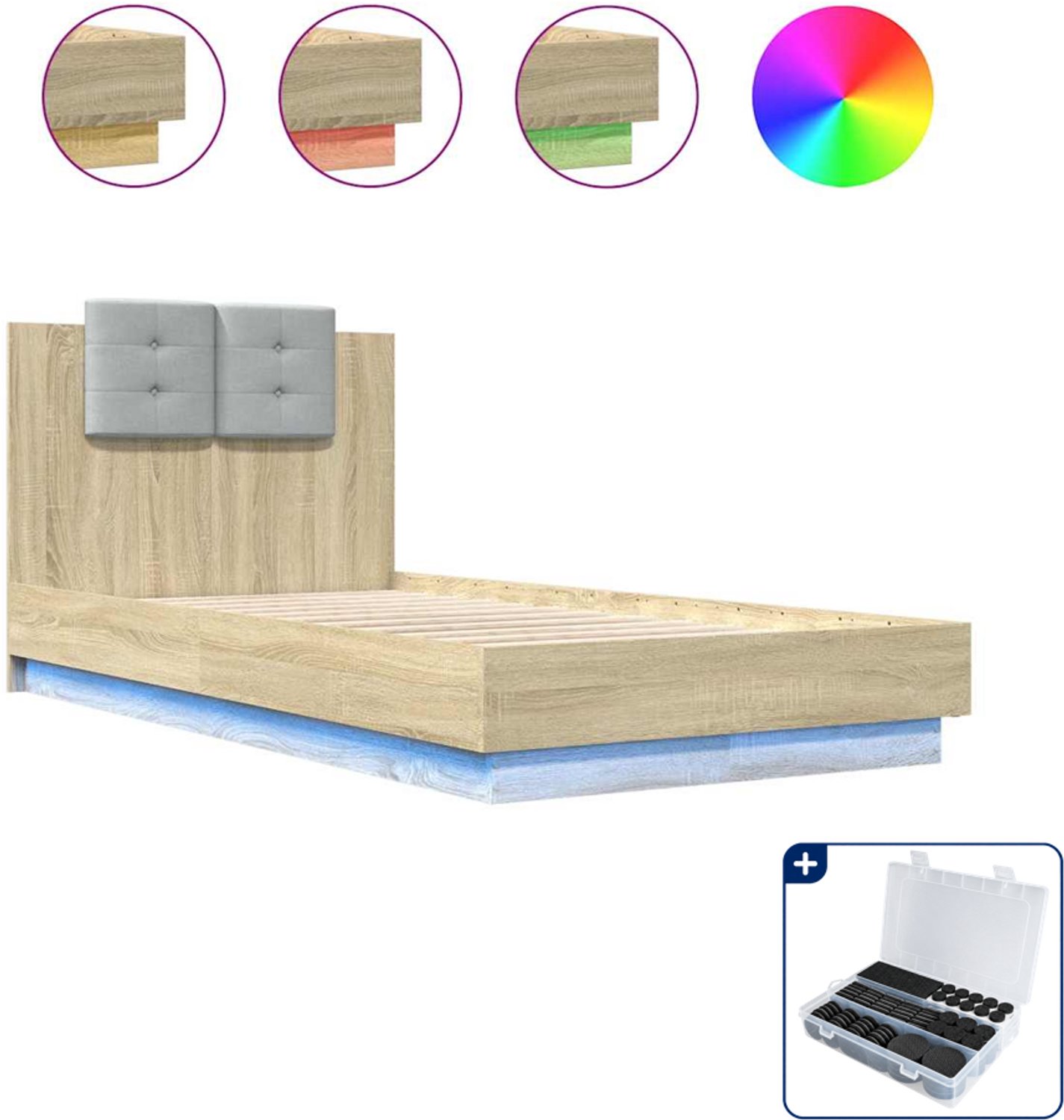 vidaXL bedframe met LED - 90 x 190 cm - bewerkt hout - sonoma eiken - Inclusief antikrasvilt 177-delig Bruin