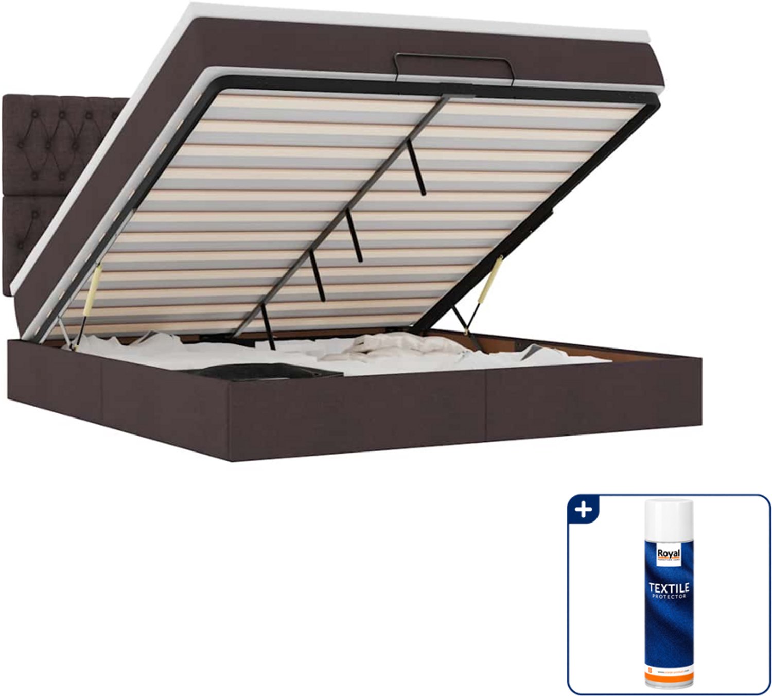 vidaXL ottoman bed - Kingsize - 180 x 200 cm - donkerbruin - Inclusief textielbeschermer 500 ml Taupe