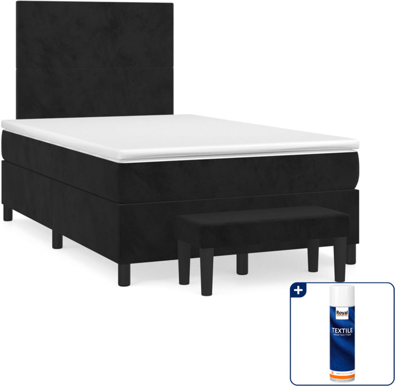 vidaXL boxspring met matras en bankje - 120 x 200 cm - fluweel - zwart - Inclusief textielbeschermer 500 ml
