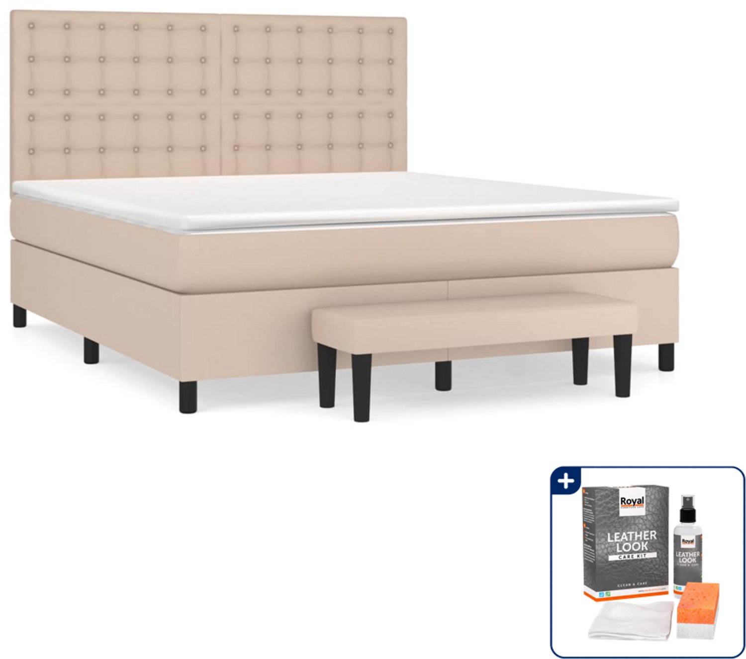 vidaXL Kingsize boxspring met matras en bankje - 180x200 cm - cappuccino - Inclusief onderhoudsset voor kunstleer 150 ml Bruin