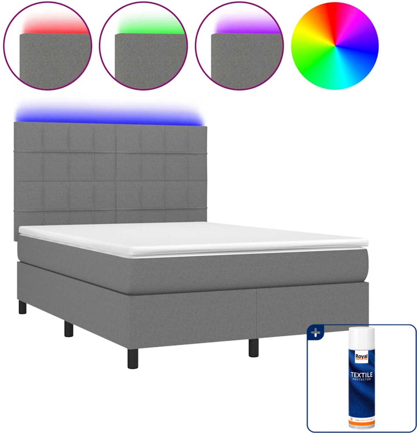 vidaXL boxspring met matras en LED - 140 x 190 cm - donkergrijs - Inclusief textielbeschermer 500 ml