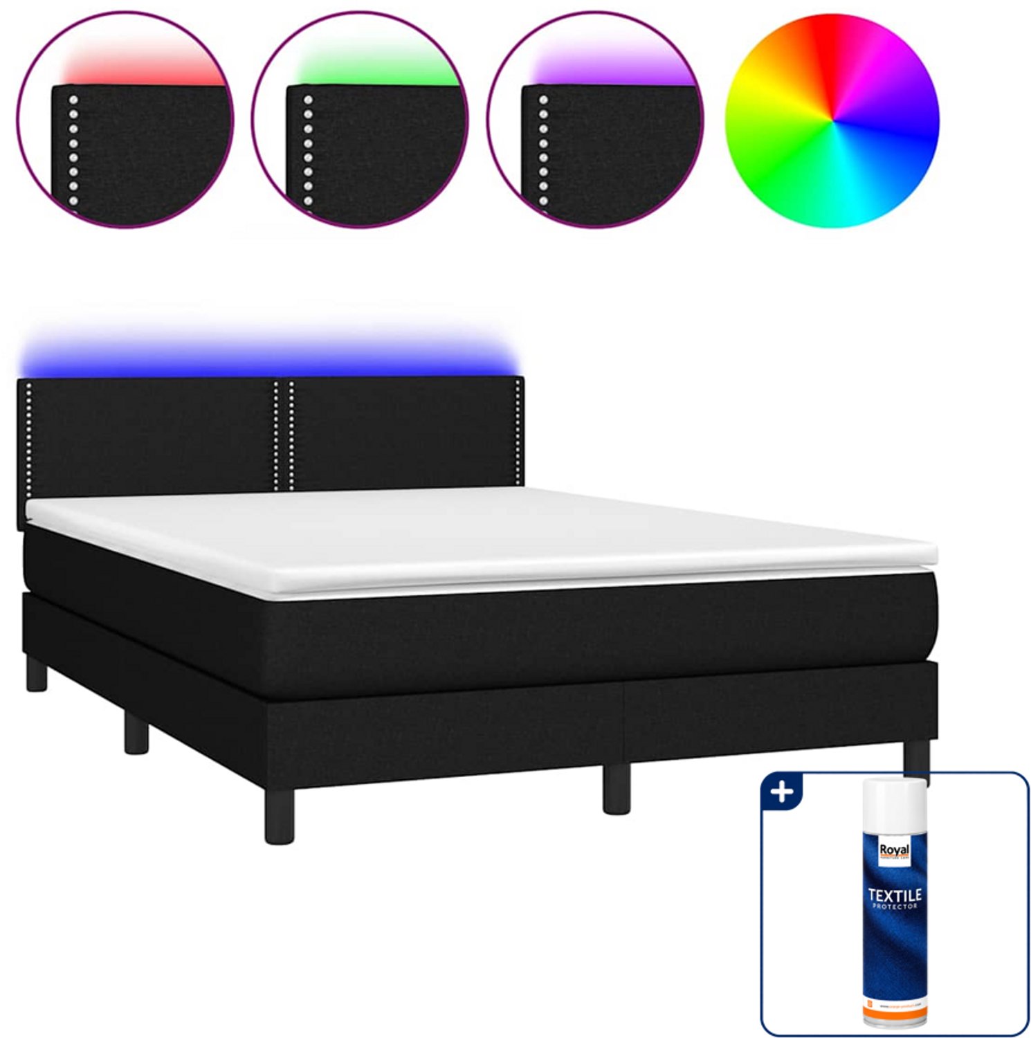 vidaXL Boxspring met matras en LED - 140 x 190 cm - zwart - Inclusief textielbeschermer 500 ml