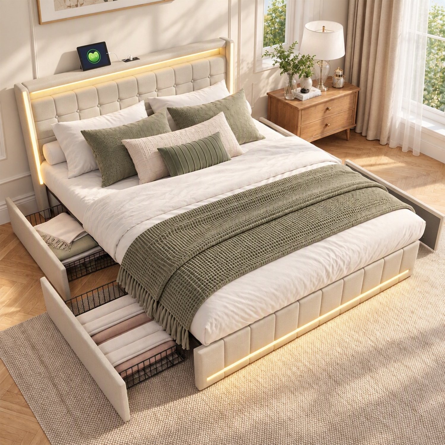 Yelenaro Tweepersoonsbed 160x200 cm met 4 opberglades, Gestoffeerde hoofdeinde met LED-verlichting en USB-poort, 2 Persoons Bedframe 160 x 200 cm met lattenbodem, Linnen, Beige