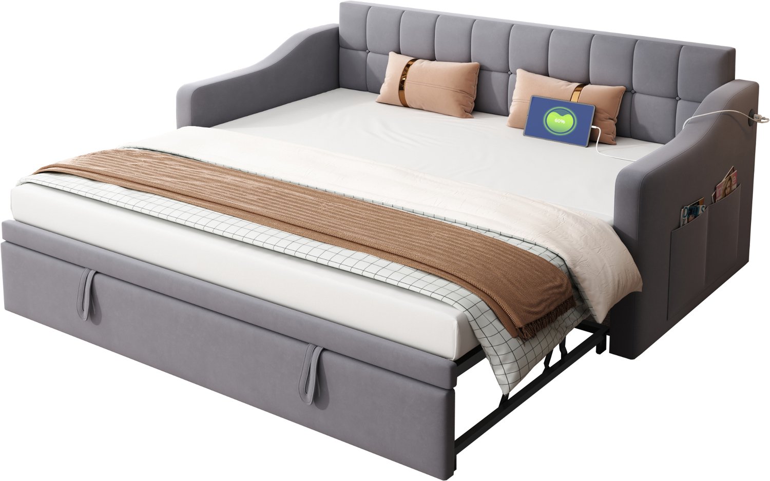 MUVANO Uitschuifbare slaapbank - Gestoffeerd bed met USB en opbergvak - Fluweel - 90 x 190 cm tot 180 cm breed - Voor de logeerkamer - Grijs