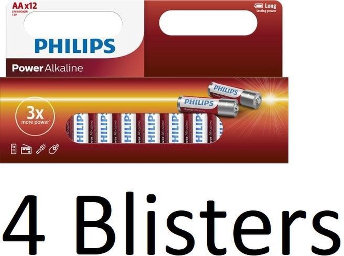 48 stuks (4 blisters a 12 st) Philips AA Alkaline Batterijen