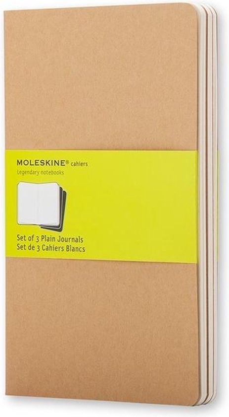 Set van 3 bruine Moleskine cahiers met een gele band met het opschrift 'cahiers Collection'.