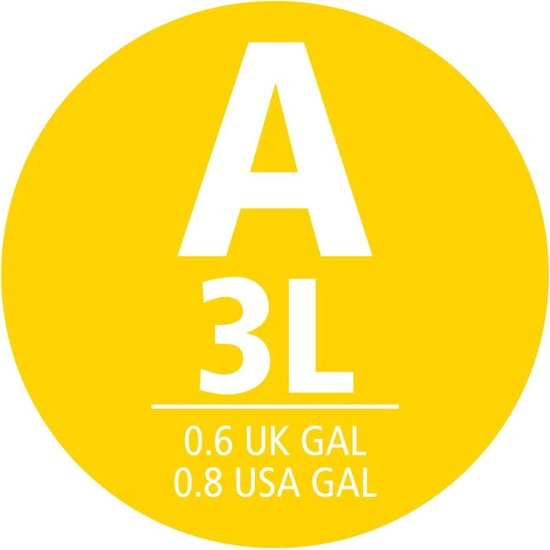 Gele cirkel met de tekst 'A 3L 0.6 UK GAL 0.8 USA GAL'.