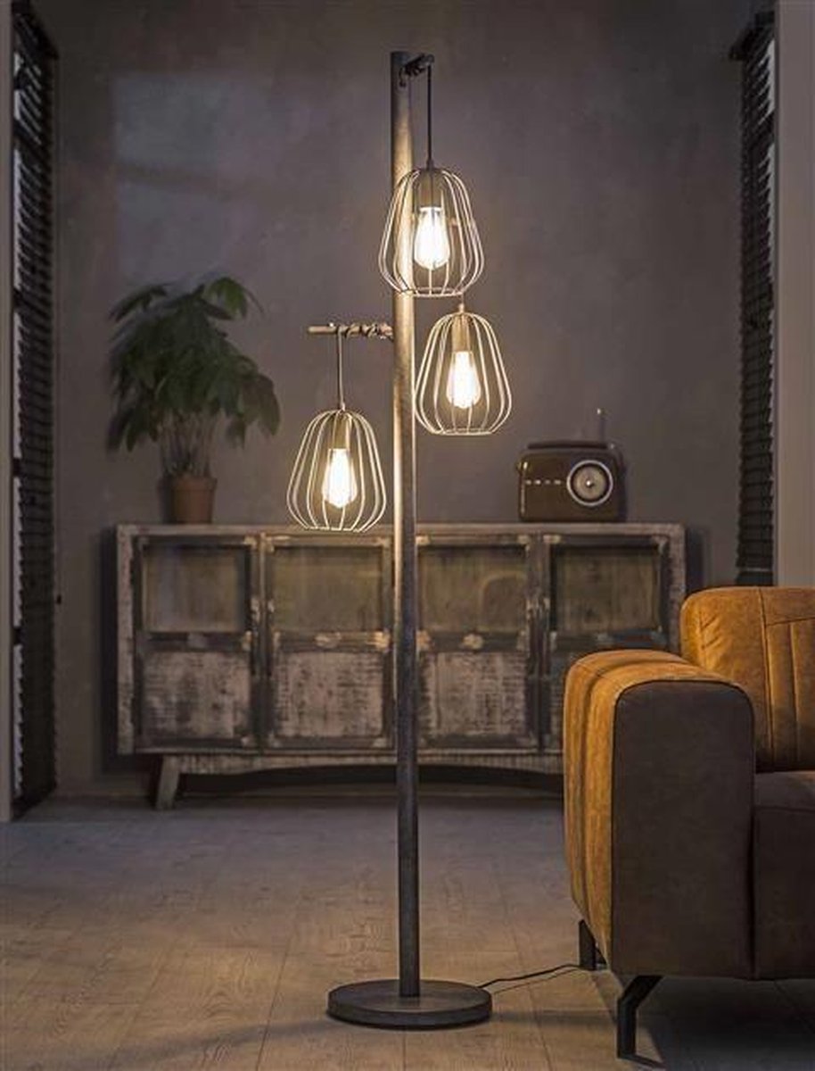 Lampadaire industriel Holly à 3 lumières, fil d'acier argenté vieilli |  bol.com
