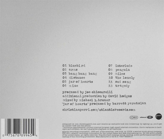 Achterkant van het album 'Lovestrong' van Christina Perri met tracklist en barcode.