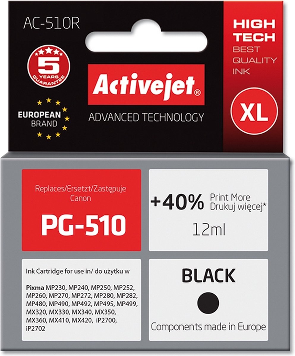 ActiveJet AC-510R-inkt voor Canon-printer; Canon PG-510 vervanging; Premie; 12 ml; zwart.