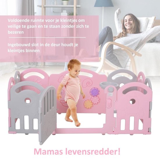 Grondbox -Playpen - Kruipbox - Kinderen en Peuters - 162 x 84 x 63 Cm - Roze/Grijs