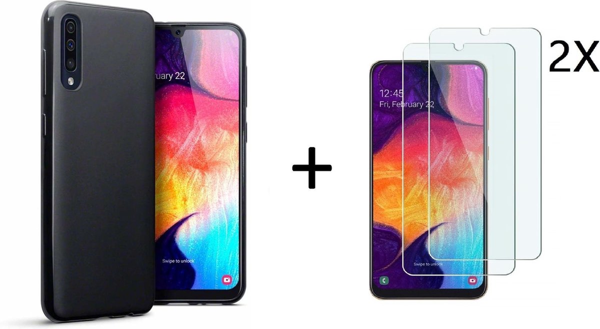 Hoesje Siliconen Hoesje Flexibel TPU Case Samsung Galaxy A50 - Zwart + 2 Stuks Glazen screenprotector - van Bixb