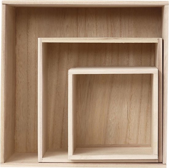 Boîtes de rangement en bois, carrées, h: 15x15 + 21,5x21,5 + 28x28 cm,  profondeur 12,5