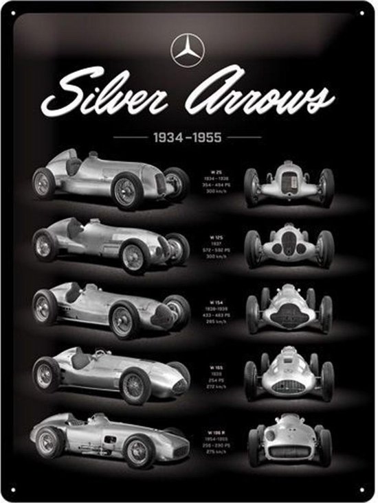 Mercedes-Benz Silver Arrows Chart Reliëf Metalen Bord - 30 x 40 cm