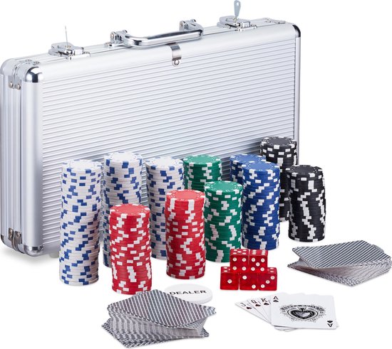 Relaxdays pokerkoffer pokerset - 300 laser chips - 2 kaartspellen -  dobbelsteen - buttons | bol.com