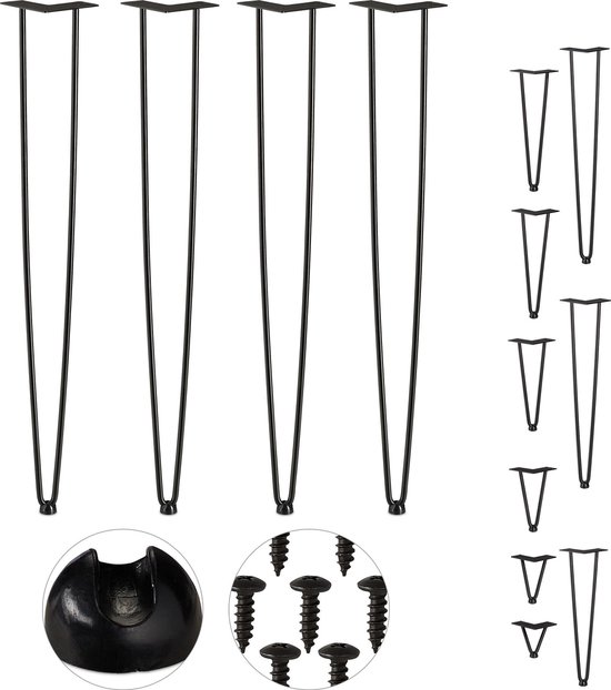 Relaxdays hairpin poten - tafelpoten metaal zwart - meubelpoot - set van 4 - haarspeld - 86 cm - 2 stangen