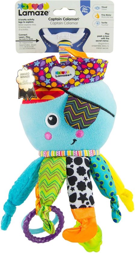 Lamaze Kapitein Calamari octopus knuffel, piraten thema, met veelkleurige tentakels en bijtringen.
