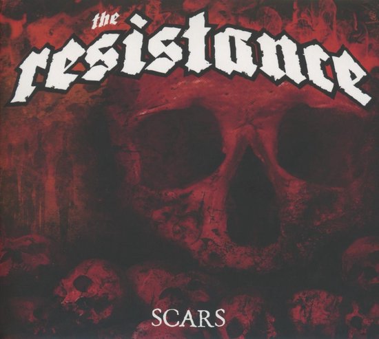 Album cover met de titel 'SCARS' en de tekst 'the resistance'. Rode, gedetailleerde schedel met veel kleine schedels eromheen.