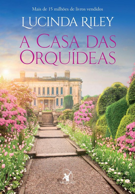 Boekkaft van 'A casa das orquídeas' met een landhuis en een tuin vol roze bloemen.