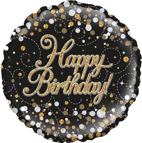 Folieballon Happy Birthday Sparkle zwart goud - 18 inch-43 cm.Holograpic