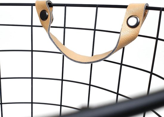 QUVIO Panier de rangement en métal petit - Panier tressé - Panier en fil rond industriel - Poignées en cuir - Panier à couverture - Métal noir
