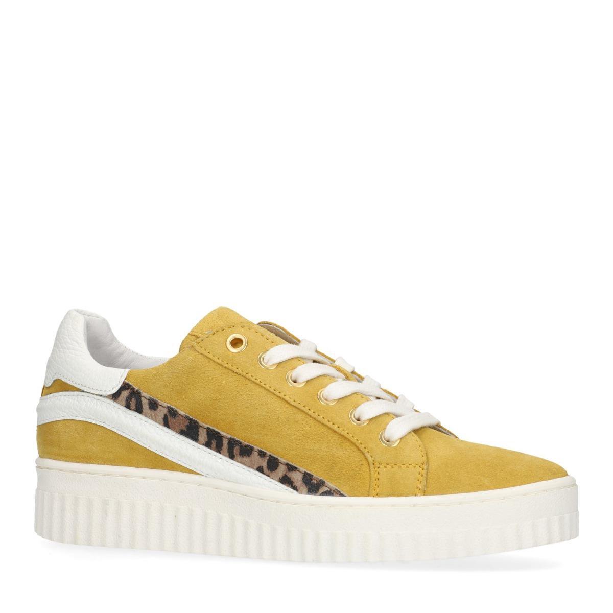 Manfield - Dames - Gele sneakers met panterprint details - Maat 42 | bol.com
