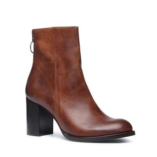 Manfield Dames Cognac enkellaarsjes met hak en sierrits Maat 39 Manfield Dames Cognac enkellaarsjes met hak en sierrits Maat 39