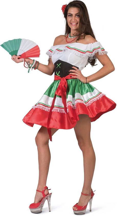 Funny Fashion - Spaans & Mexicaans Kostuum - Caramba Carlita Hete Mexicaanse Nachten - Vrouw - Rood, Groen, Wit / Beige - Maat 36-38 - Bierfeest - Verkleedkleding
